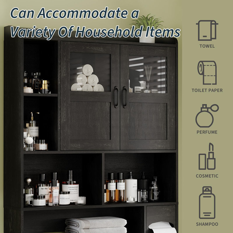  Space-Saving Over Toilet Storage Cabinet – 67" Tall Bathroom Organizer with Glass Door, Adjustable Shelf, Barn Door – Freestanding Restroom, Home Office & Laundry Room Furniture – Black