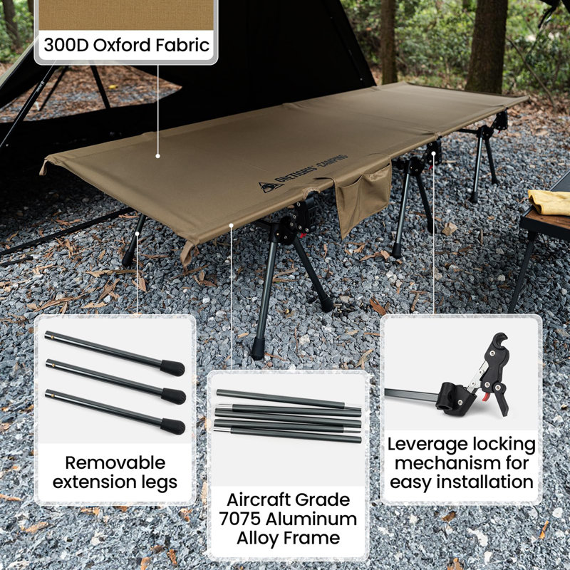 Lit de camping portatif pliant avec hauteur réglable et rallonges de pieds, Brun coyote