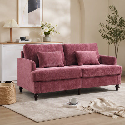 Canapé en chenille de style Mid-Century moderne en tissu, canapé 2 places rembourré avec canapé moderne pour le salon, canapé avec pieds en bois brun pour la chambre à coucher, lit (chenille rouge vin)
