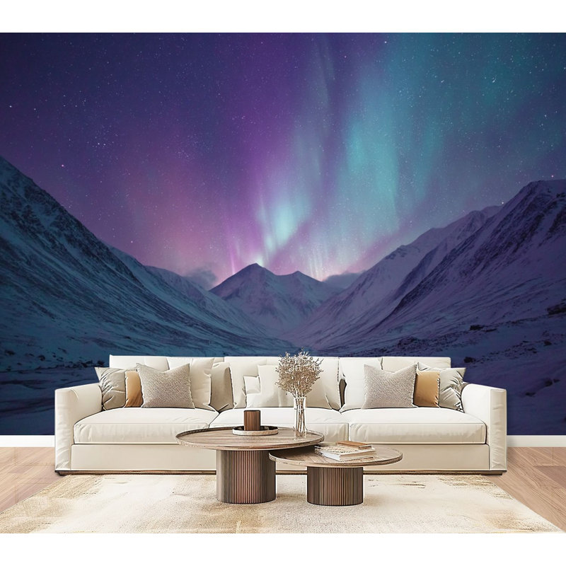 Papier peint adhésif mural Aurora Aurora Mystical Northern Lights Across Frozen Landscape, L 96 po x l 69 po