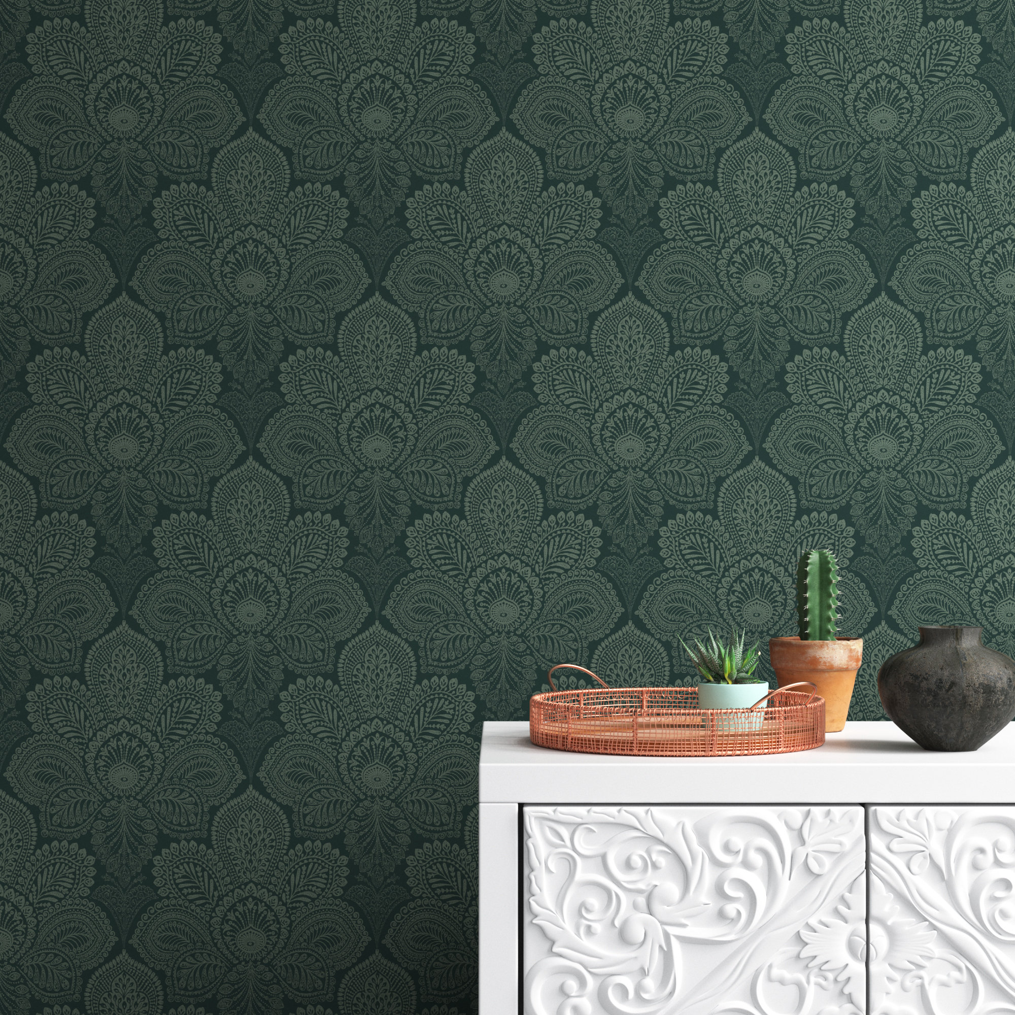 Hometown Holiday 2474-66 Green Damask Sheri Hart for Henry Glass & Co. -  703081204342
