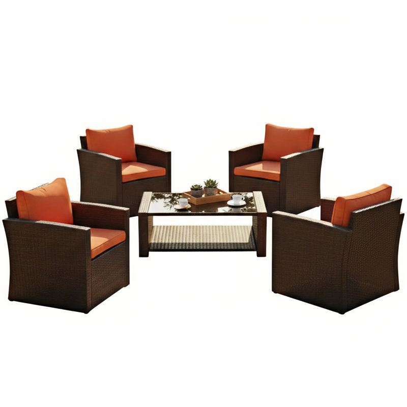 Carlyssa 5 Piece Outdoor Rattan Sofa Seating Group with 2 Tiers Coffee Table, Orange