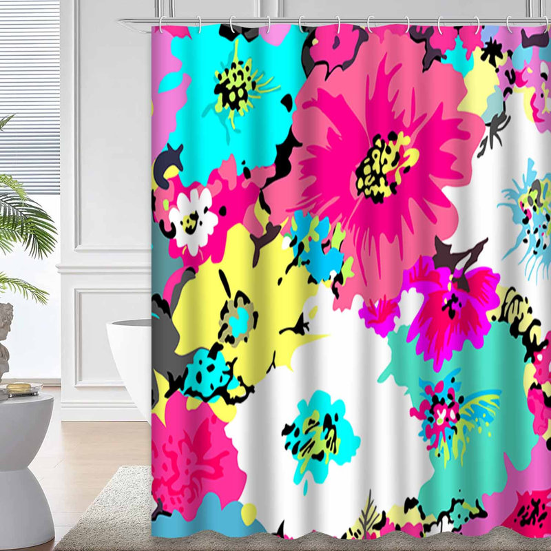 Rideau de douche abstrait abstrait floral jaune vif avec 12 crochets, L 72 po x l 84 po