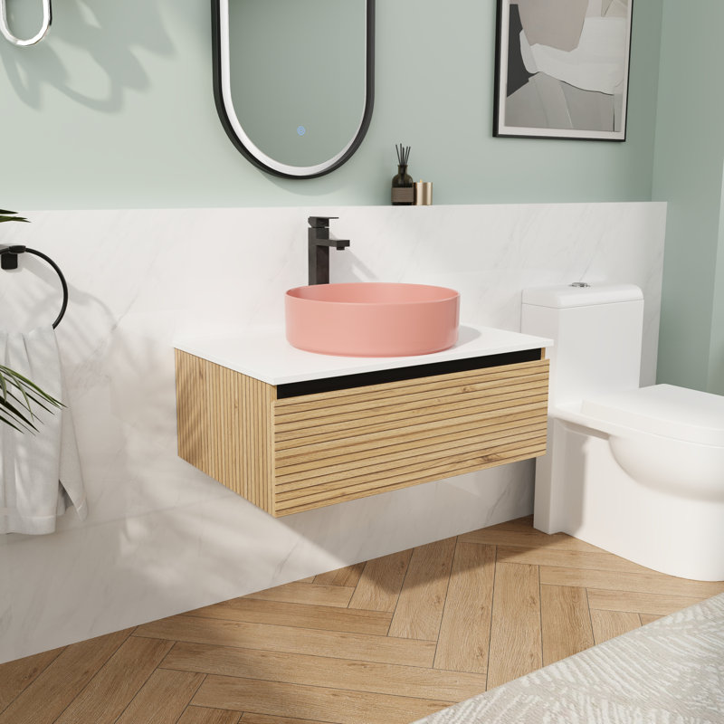 Meuble-lavabo mural 30 po avec lavabo en céramique et tiroir à fermeture en douceur, 29.53", Rose