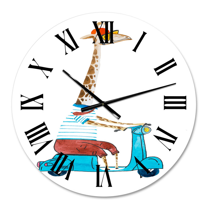 Girafe habillée portant un casque et un scooter - Horloge murale pour enfants, Moyen