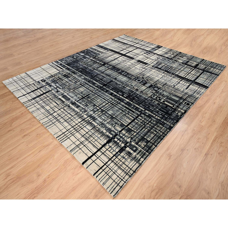 Tapis oriental noué à la main 8 pi 2 po x 9 pi 9 po noir en laine Ghazni 5B6DDA09AF3D421D9070DEFD436D1214