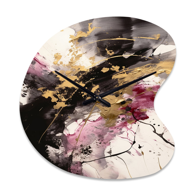 Or et rose fluides Fusion II - horloge murale abstraite de forme unique en métal, impression d'horloge murale moderne de forme libre