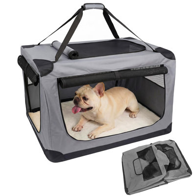 L Soft Dog Crate for Large Dogs - Collapsible 3-Door Portable Travel Kennel with Washable 600D Cover, Fleece Bed, Metal Frame, Safety Zippers