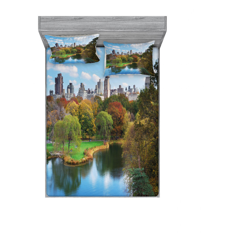 Ensemble de draps de Central Park in Autumn Lake Trees and Manhattan USA, Ensemble de draps pour lit double avec un drap-hou