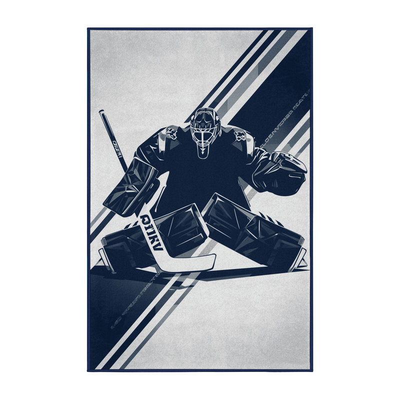Machine Washable Swanton Ice Hockey Goalie Save Sleek & Chic Modern Geometric Rug in Gray – Navy Binding, 7x9
