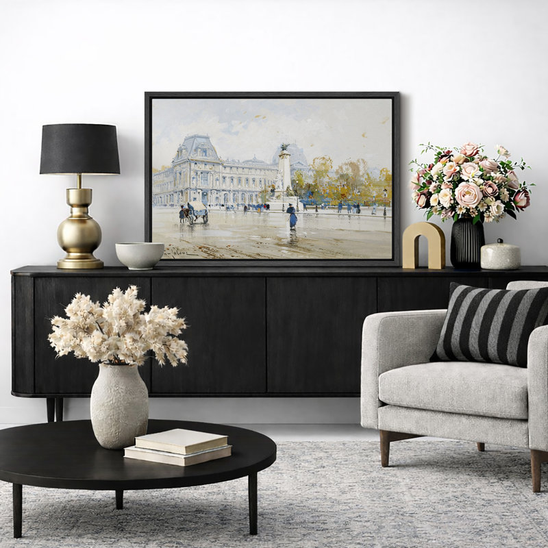 Paris Louvre Museum Artwork, Elegant French Landmark Office Pictures, Framed Canvas Giclee Print Wall Art., 16" H x 24" W