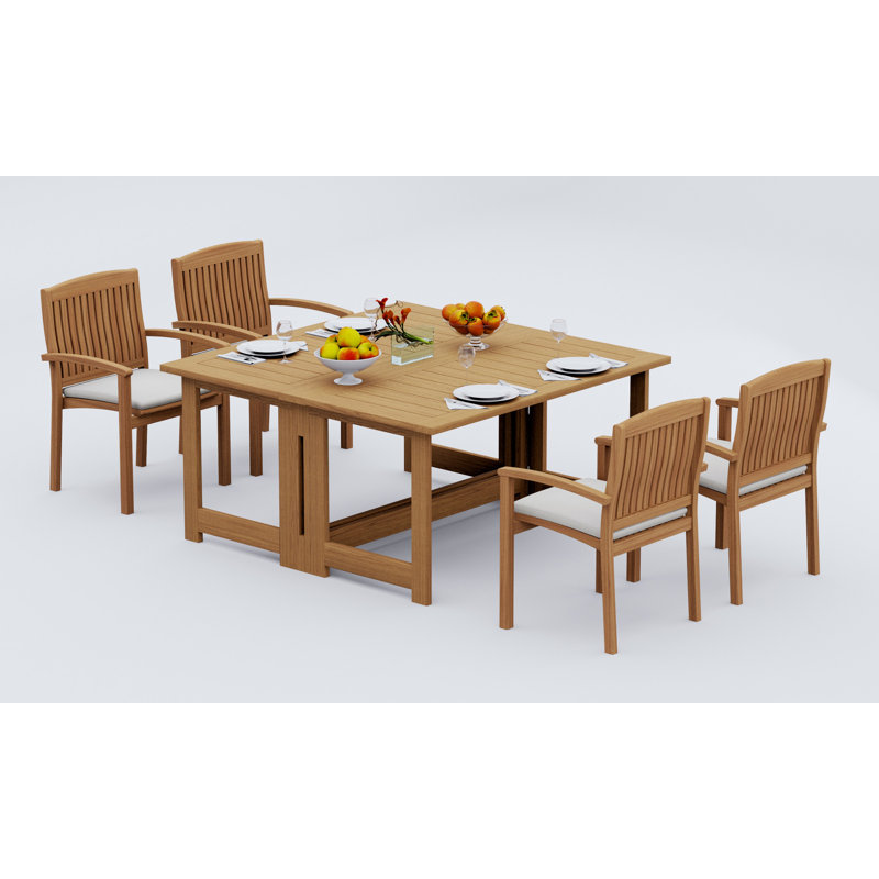 9 Pcs Grade-A Teak Wood Dining Set: 60" Square Rectangle Butterfly Table And 8 Wave Stacking Arm Chairs #11WV1408, 4