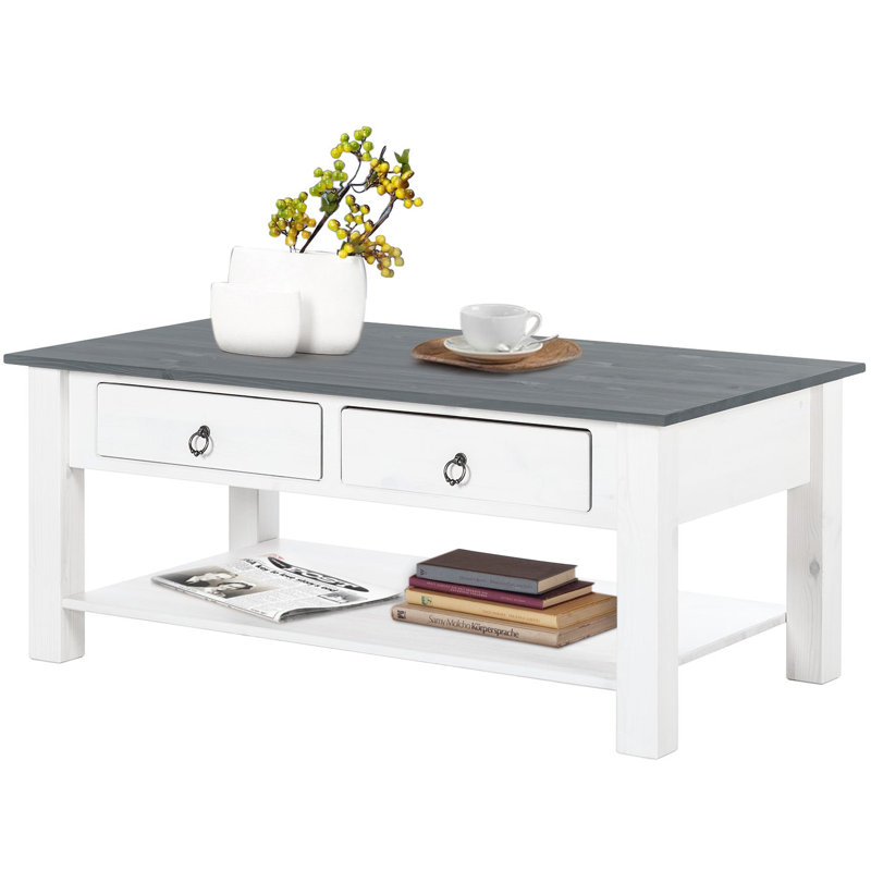 Embry Solid Wood Four Leg Coffee Table with Storage, Grey, White
