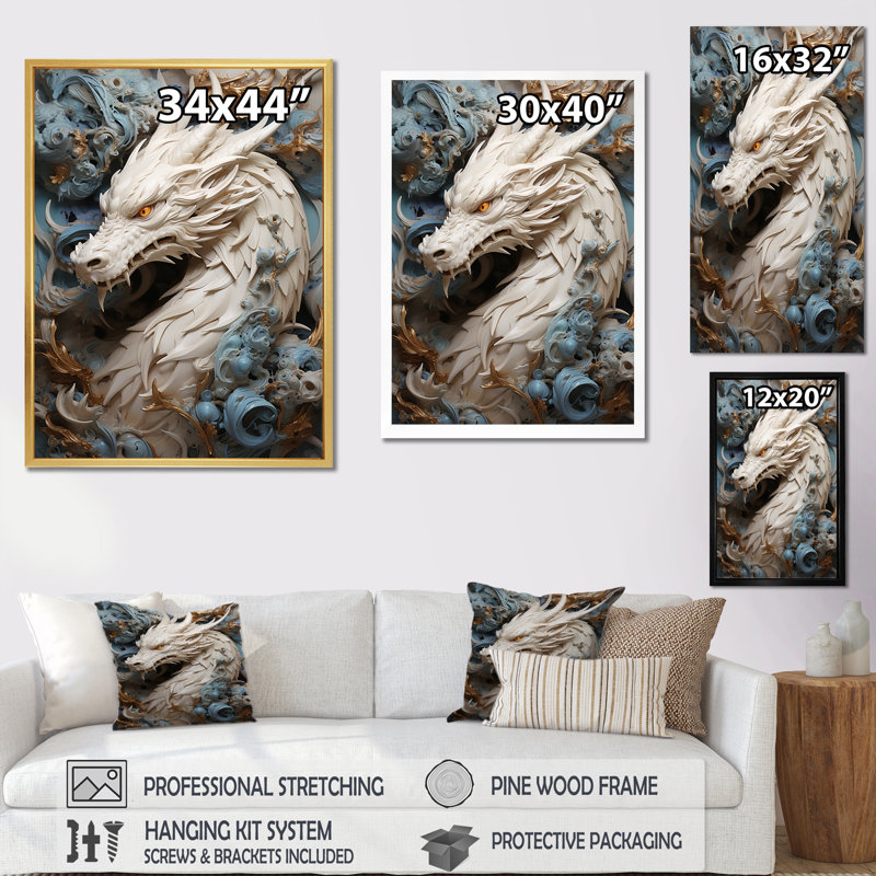 «Epic Blue and Gray Dragon Odyssey», reproduction sur toile, H 40 po x l 30 po x P 1,5 po, Cadre simple noir