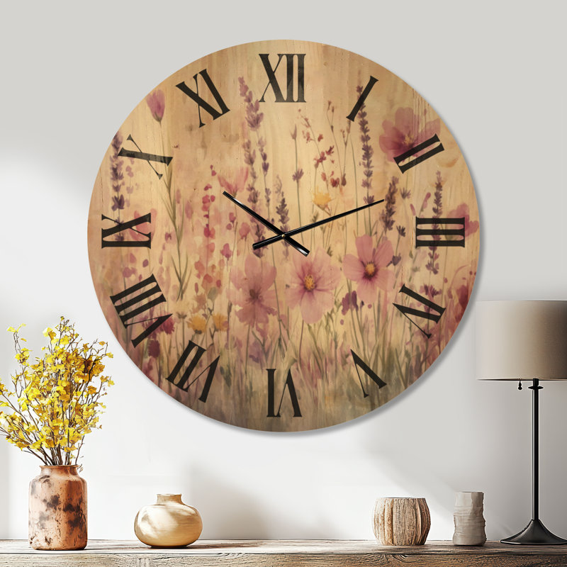 Très grande horloge murale florale silencieuse en bois - Prairie pastel printanière, Surdimensionné
