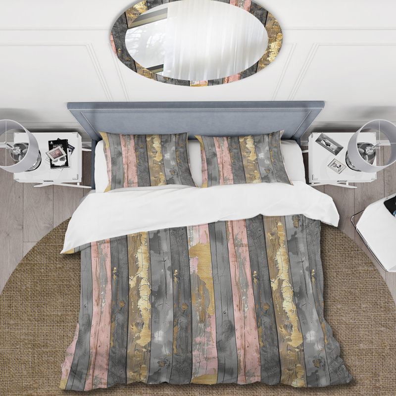 Ensemble de housse de couette Blush Grey and Gold Wood Plank I - Country, Housse de couette simple + 2 taies décoratives st