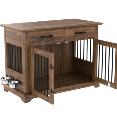 Cage en bois de 114 cm (44,77 po) pour chien de taille moyenne, avec gamelles pivotantes, tiroirs de rangement et système de verrouillage à 4 points. Finition marron. Fermeture sécuritaire pour chiens.