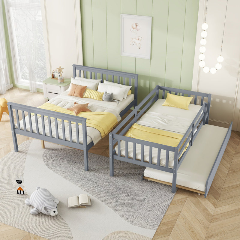 Sotion Kids Bunk Bed with Trundle, Gray, Twin Over Full