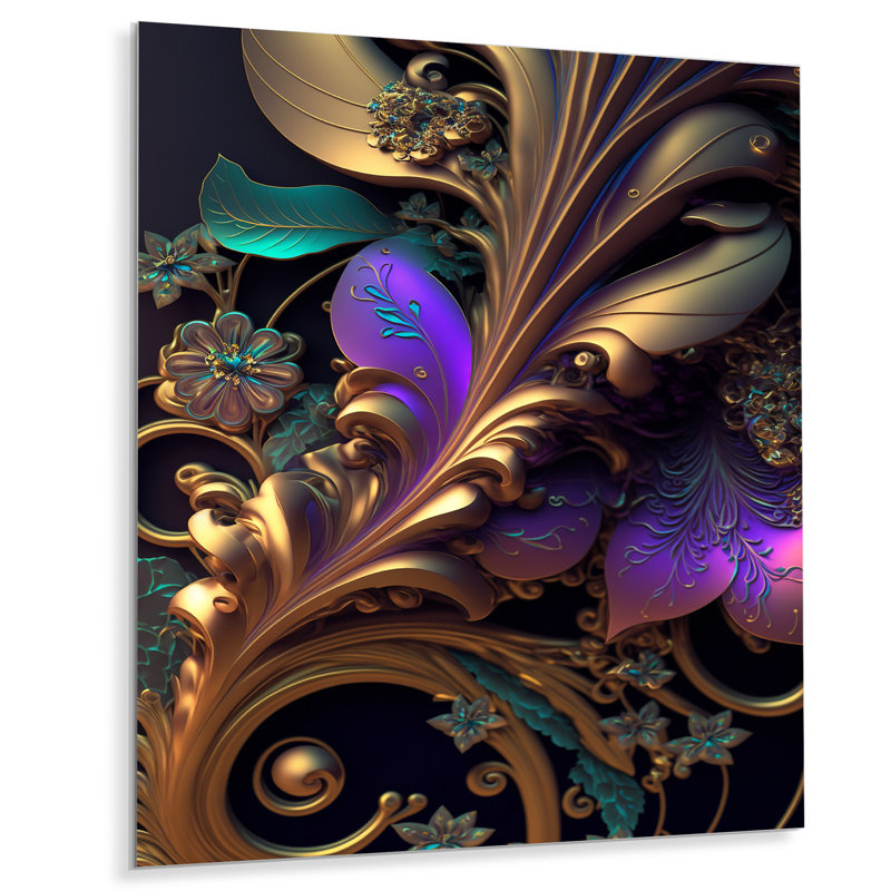 Fleurs abstraites ornées en mauve et or V - décoration murale florale en métal, H 40 po x l 30 po x P 1 po