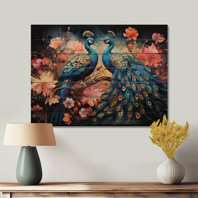 «Blue Coral Indian Art Dancing Peacocks II», reproduction sur bois sans cadre