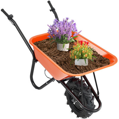 Chariot de brouette électrique, capacité de 330 lb, moteur de 500 W, cadre en acier avec plateau en fer, 1 pièce, chariot utilitaire, noir, pneus gonflables de 16 po et alimenté par batterie