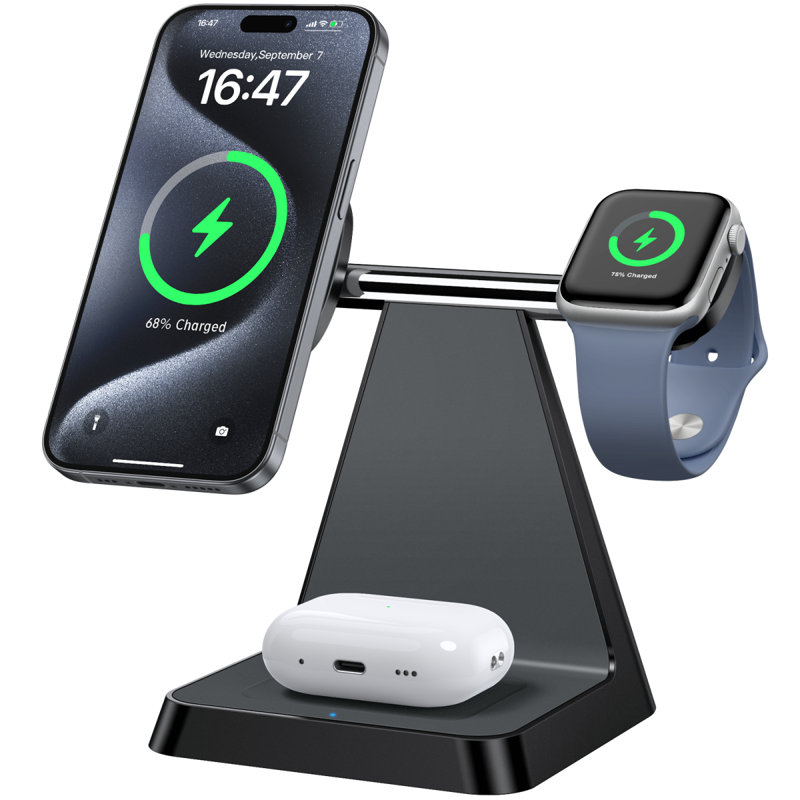 Support de chargeur magnétique sans fil 3 en 1, Noir, noir, noir, noir