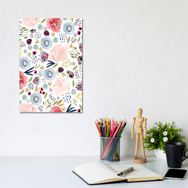 Floral Pink Red Blue by Leah Straatsma - Wrapped Canvas Painting, 20.32 cm H x 30.48 cm W