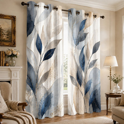 Ensemble de 2 rideaux occultants à motif de feuilles abstraites, imprimé floral aquarelle bleu et beige, texture fluide artistique, œillets isolants thermiques et occultants pour le salon (Home Dector).