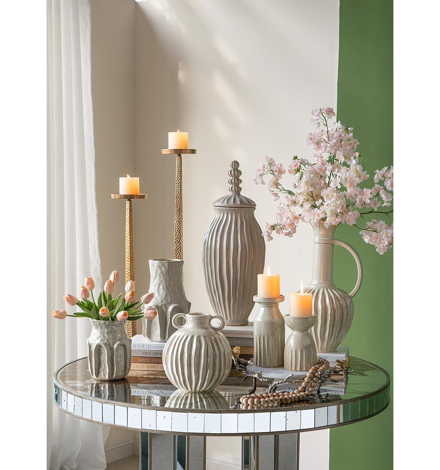 Decorative Ceramic Candle Holder with Textured Cylinder Design 4.5" x 4.5" x 7" Gold, 9.1" H x 4.1" W x 4.1" D