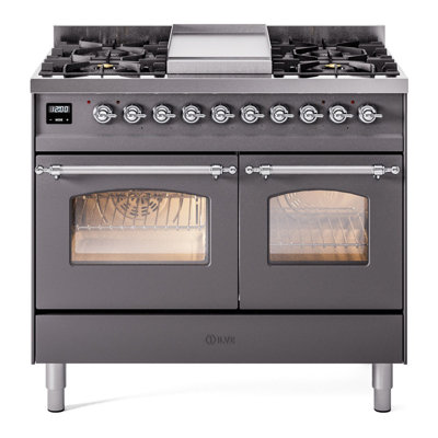 Cuisinière à double combustible de 40 po avec 6 brûleurs scellés et plaque chauffante (porte vitrée) ILVE Nostalgie II Series