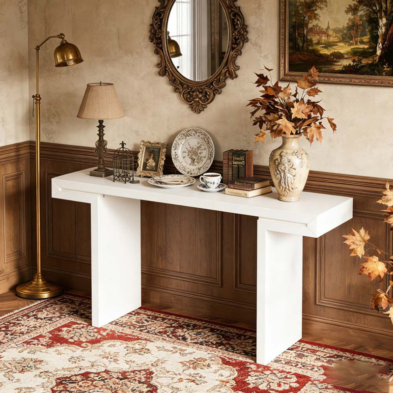 60-Inch Console Table with Geometric Clean Lines Design, White