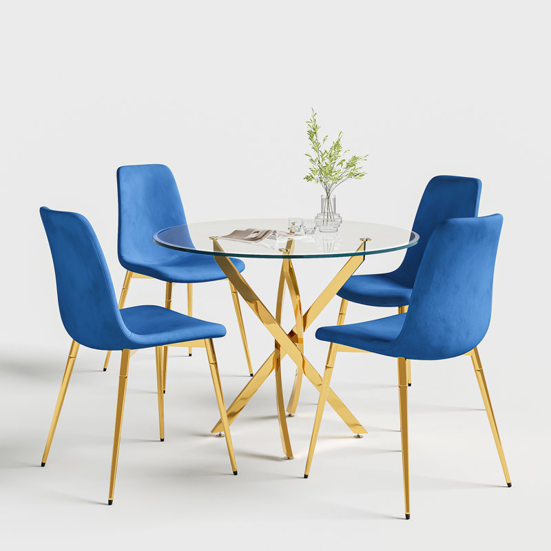 36" Round Glass Dining Set, Modern Cross Stainless Steel Base and 4 Velvet Upholstered Dining Chairs, Gold, Blue/Gold