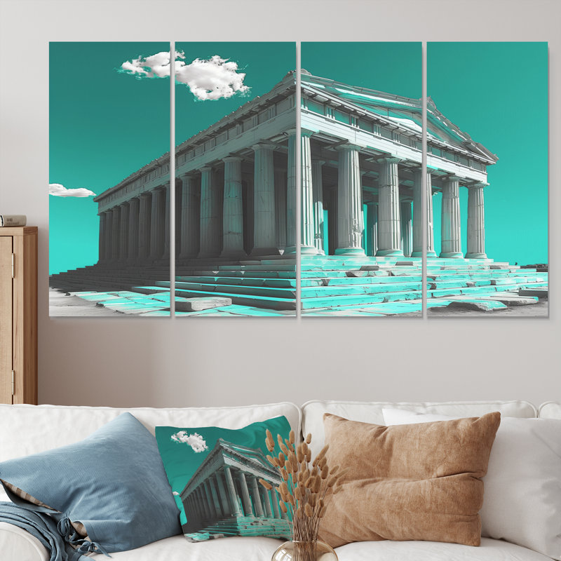Ensemble de décorations murales vert et blanc, monument historique grec et photo II, H 28 po x l 48 po