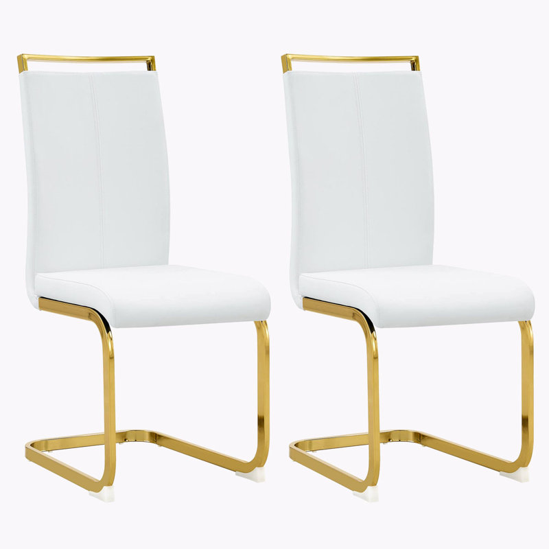 PU Faux Leather High Back Upholstered Dining Chair, Gold, White, 2