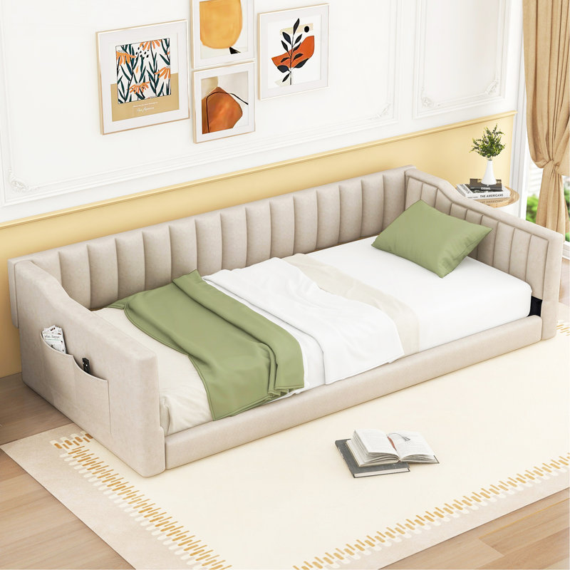 Twin XL Size Upholstery Daybed And Side Storage Pocket,Beige, Beige, Twin XL