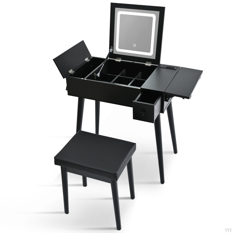 Bureau de coiffeuse avec miroir basculant et lumière DEL, tabouret coussiné