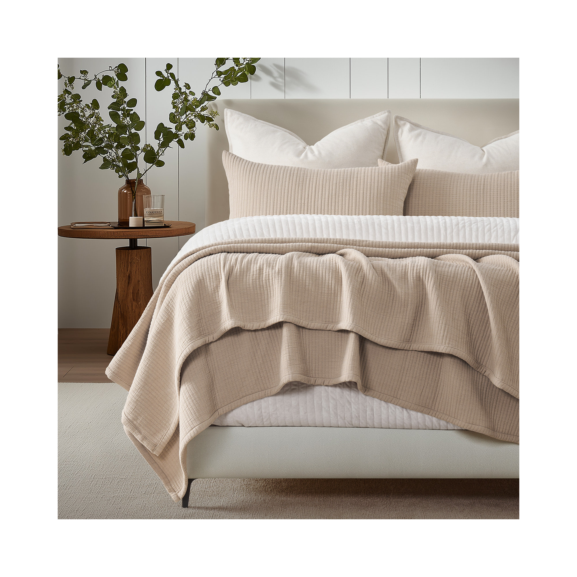 Solid Cotton Gauze Pick-stitch Matelesse Coverlet Bedspread set, Khaki Tan, King Quilt + 2 King Shams