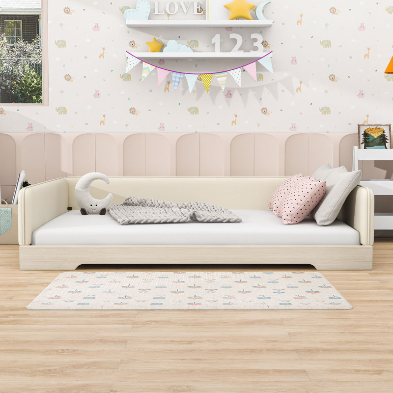 Lit rembourré Montessori avec garde-corps amovibles et lattes robustes, Grand lit, Beige