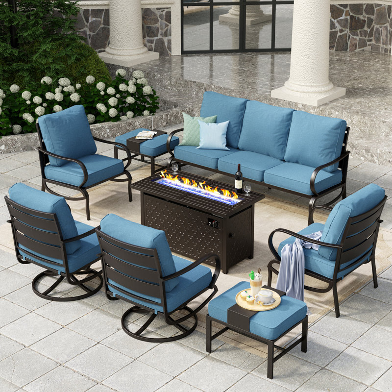 Tapasi 9 - Person Patio Conversation Set with Swivel Lounge Chairs & Optional Firepit Table, Denim Blue, Yes