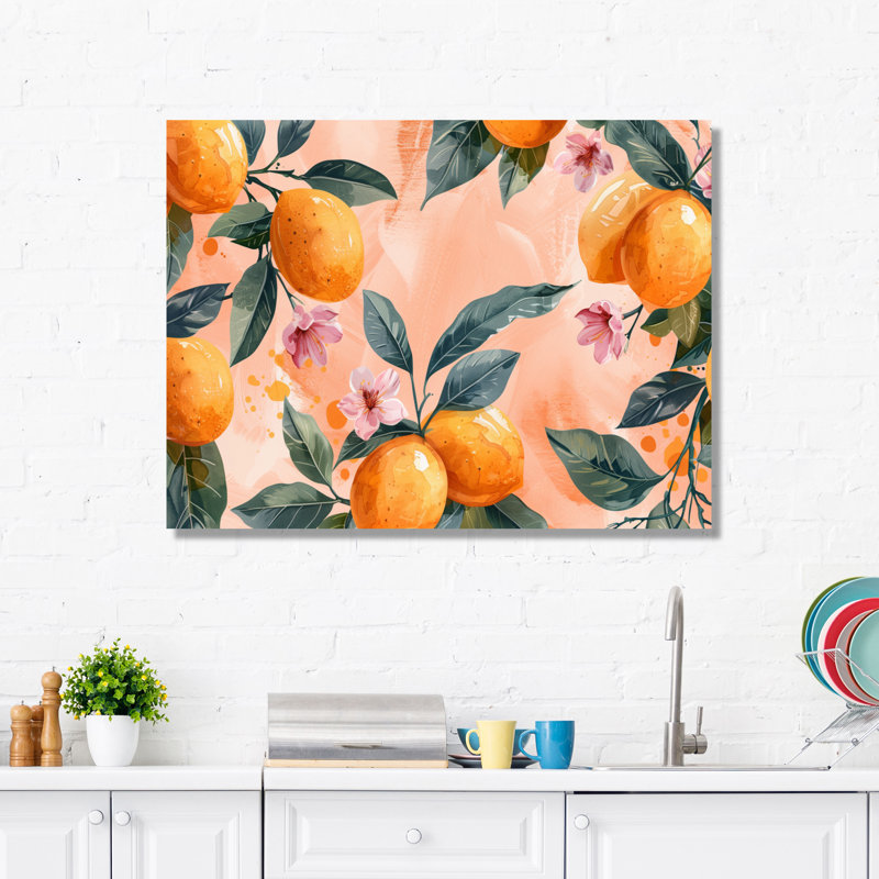 Art floral jaune jaune, rose, orange, arbres III, Toile tendue, H 16 po x l 32 po