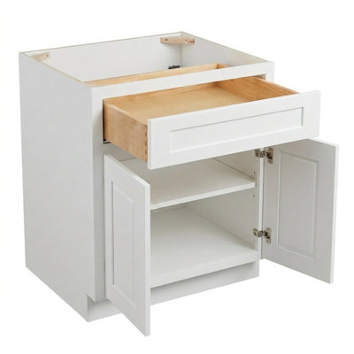 Meuble bas de cuisine moderne de style Shaker en bois massif et contreplaqué, 2 portes et 1 tiroir, blanc.