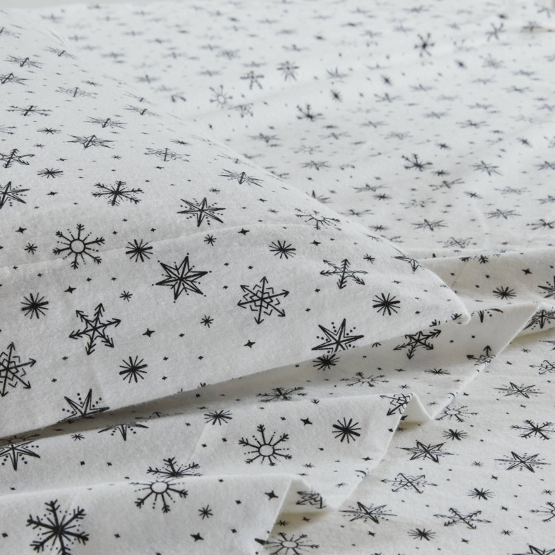 Cozy Flannel 100% Cotton Sheet Set, California King Sheet Set with 2 Pillowcases, Black Snowflakes