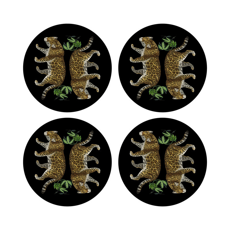 Leopard Seeing Double Vegan Leather Round Coasters, Black