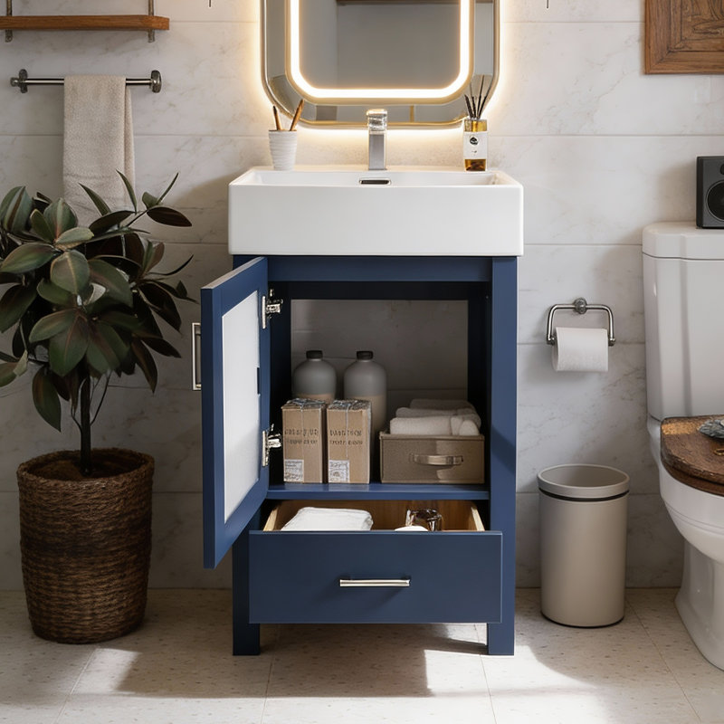 Meuble-lavabo de 20 po avec lavabo en céramique et grand rangement - pour les petits espaces‌, Bleu