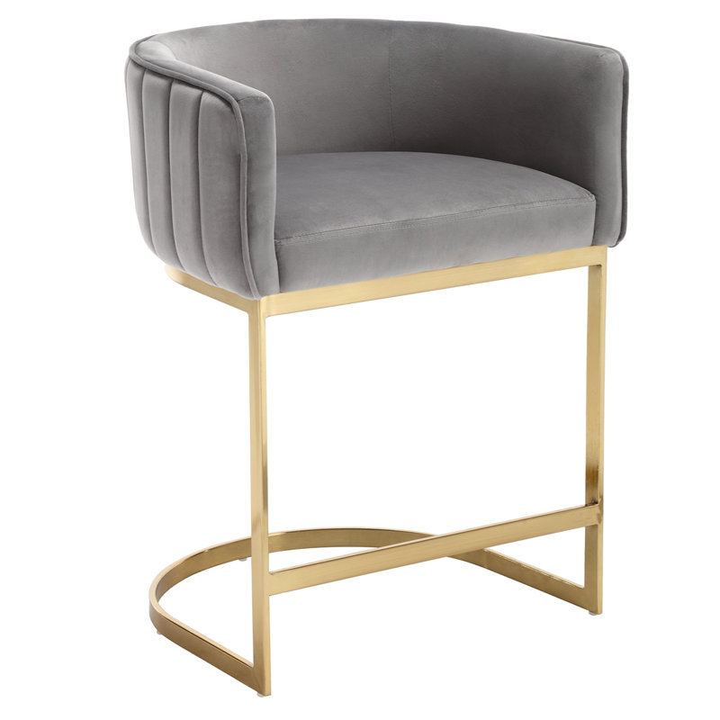Tabouret de comptoir 24,5 po Naysharn, Velours gris velours, Doré, 1