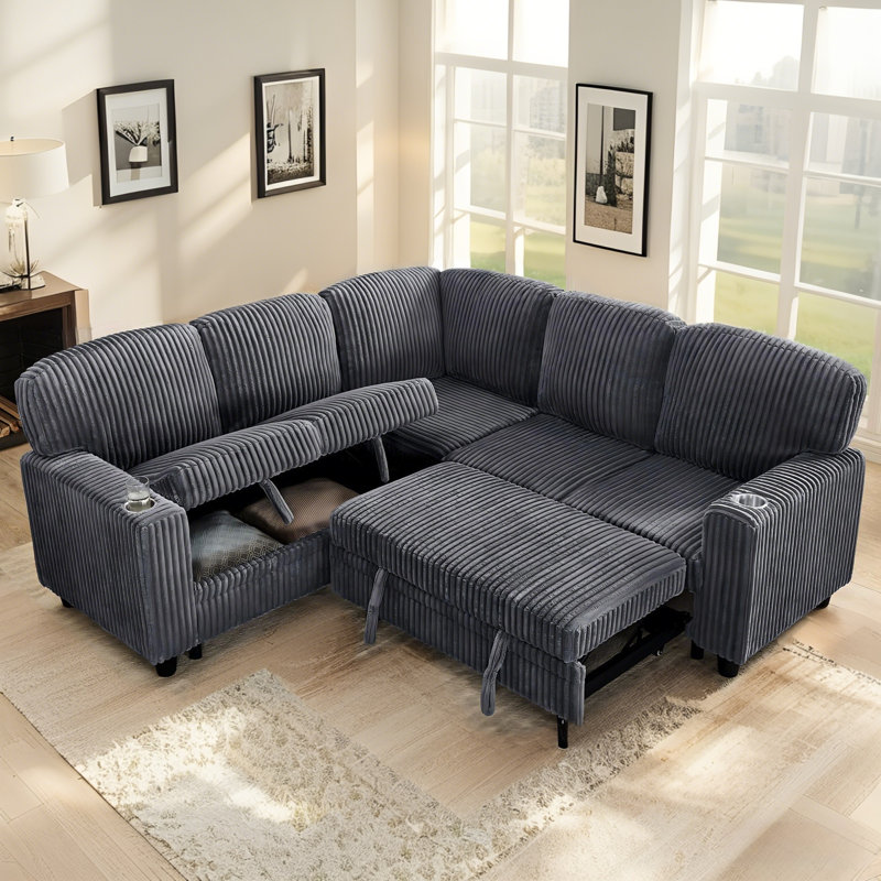 Canapé-lit modulaire convertible de 81 po avec lit escamotable de 81 po, canapé en velours côtelé modulaire en L moderne à 5 places avec méridienne de rangement et chargement USB pour le salon et l’appartement