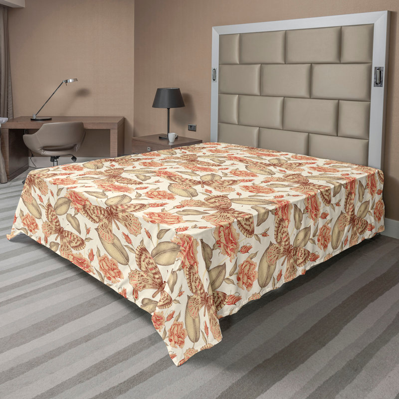 Ambesonne Victorian Flat Sheet Butterfly Rose Vintage Pale Rust and Sand Brown, King Flat Sheet