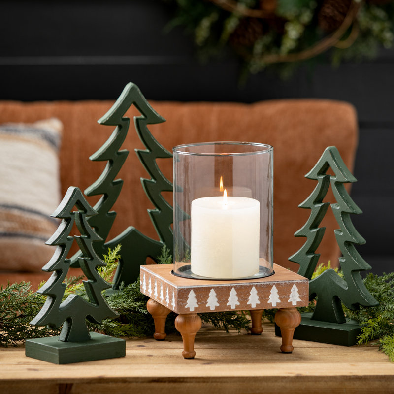 10"H, 11.75"H And 13.75"H Wooden Tree Set Of 3, Christmas Decor; Green