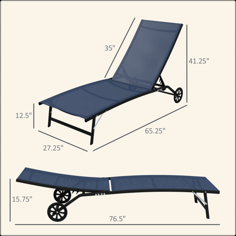 Chaise Lounge Outdoor, 2 Piece Lounge Chair With Wheels, Tanning Chair With 5 Adjustable Position For Patio, Beach, Yard, Pool