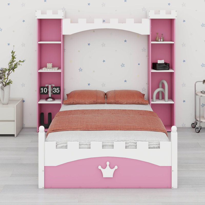 Lit plateforme en bois en forme de château avec tablette de rangement, lit plateforme pour enfants Dreamy, Rose et blanc